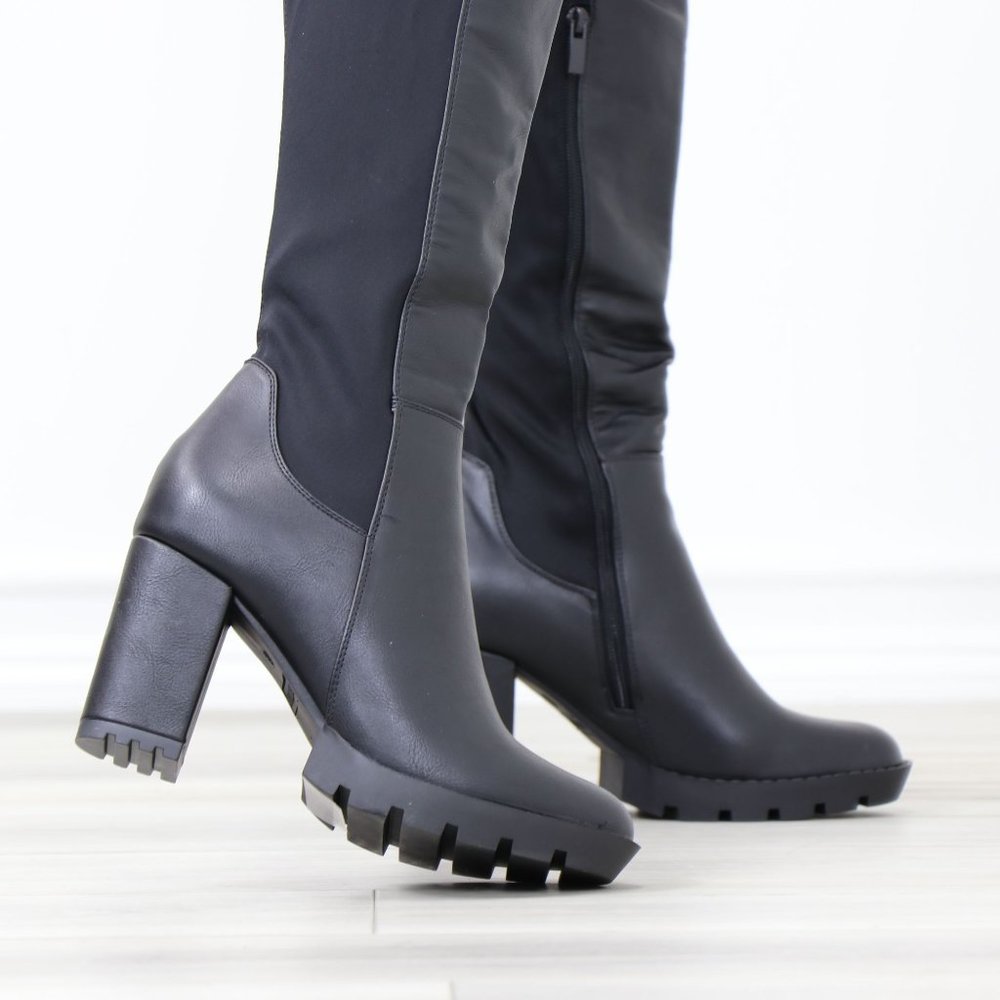 Black Faux Leather Round Toe Thigh High Over The Knee Lug Block Heel Boots - Picture 6 of 15